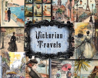 May include: A collage of watercolor paintings depicting Victorian era travel scenes. The images include a woman walking down a street, a woman looking out a window, a woman walking with an umbrella, a woman standing on a ship, and a woman standing on a balcony overlooking a city. The title "Victorian Travels" is displayed in a decorative frame.