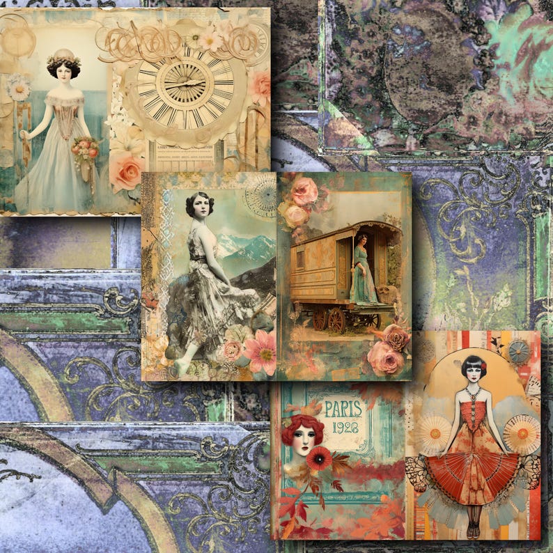 May include: A collage of vintage-style images featuring women in elegant dresses, a clock face, and a caravan. The color palette includes soft blues, greens, and pinks, with floral and decorative elements. The text "Paris 1928" is visible.