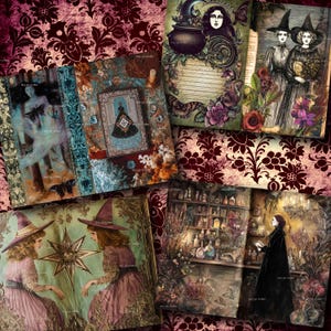 May include: A collection of vintage-style art prints featuring witches, potions, and mystical elements. The prints showcase illustrations of women in witch hats, a cauldron, and a star. The color palette includes shades of purple, green, and brown.
