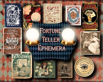 May include: A collage of vintage fortune teller ephemera, including a crystal ball, tarot cards, a spirit board, a fortune telling game, and a Ouija board. The text "Fortune Teller Ephemera" is written in a decorative font.