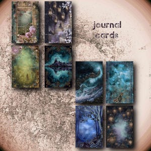 May include: A selection of eight fantasy-themed journal cards. The cards showcase diverse scenes, such as landscapes, lanterns, and floral designs. The words "journal cards" are printed on the image.