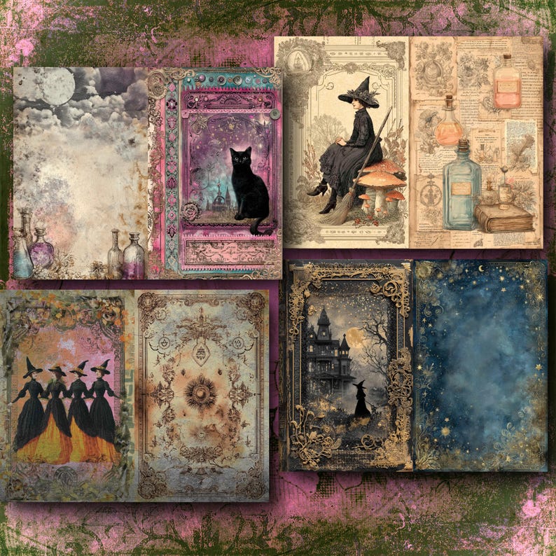 May include: A collage of vintage-style illustrations with a witchy theme. The images feature a black cat, witches, potion bottles, a haunted house, and a witch sitting on a mushroom. The color palette includes shades of purple, gold, and brown.