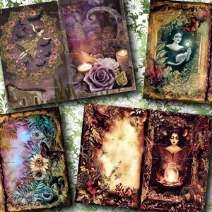 May include: A collection of open journals with fantasy-themed illustrations. The journals feature images of a woman with bats, a woman holding a glowing orb, flowers, butterflies, and candles. The color palette includes shades of purple, gold, and brown.