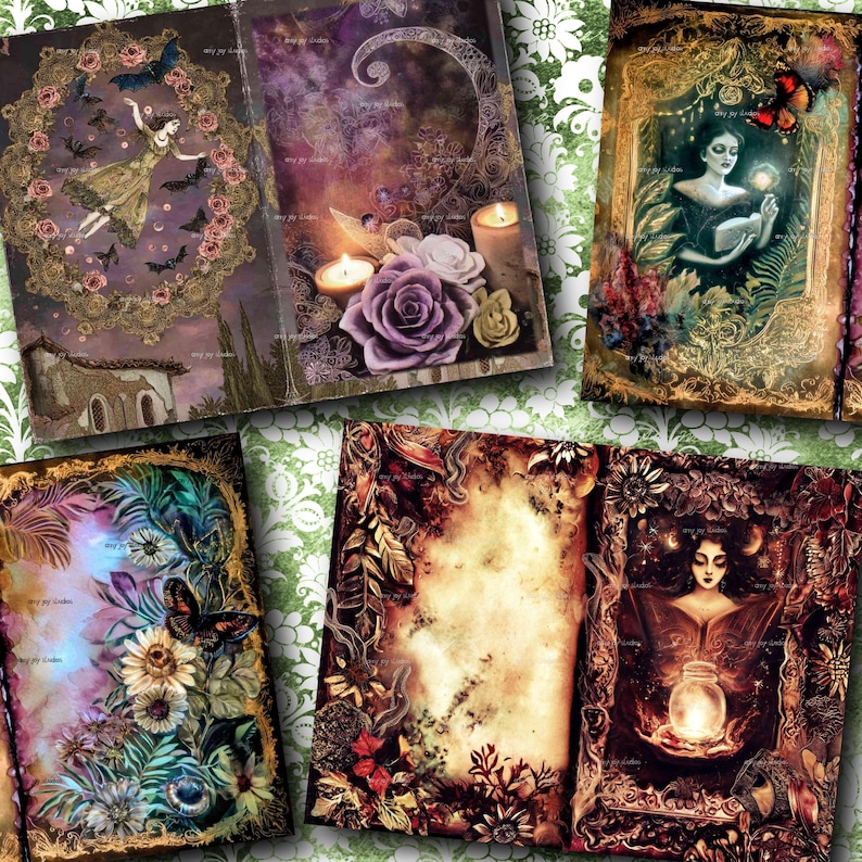 May include: A collection of open journals with fantasy-themed illustrations. The journals feature images of a woman with bats, a woman holding a glowing orb, flowers, butterflies, and candles. The color palette includes shades of purple, gold, and brown.