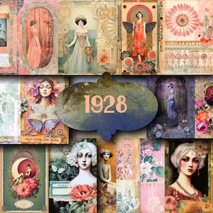 May include: A collage of vintage-style art prints featuring women, flowers, and decorative elements. The color palette includes soft pinks, blues, and creams. The number "1928" is prominently displayed. The artwork evokes a sense of nostalgia and classic beauty.