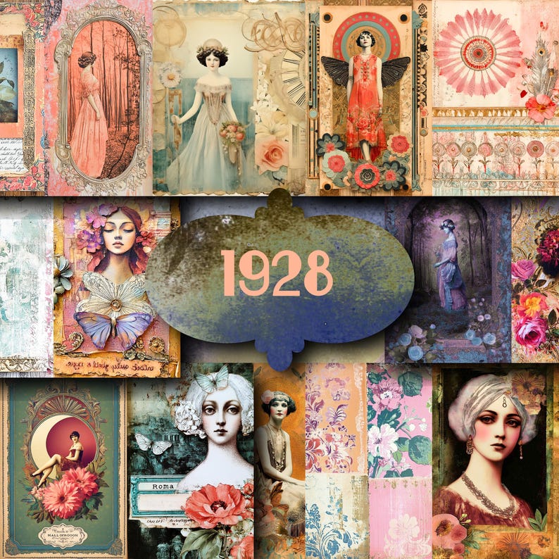 May include: A collage of vintage-style art prints featuring women, flowers, and decorative elements. The color palette includes soft pinks, blues, and creams. The number "1928" is prominently displayed. The artwork evokes a sense of nostalgia and classic beauty.
