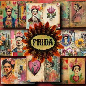 Creatief vervaardigd Frida Kahlo digitaal dagboek, unieke afdrukbare pagina's, Frida-kaarten, collagepapier, Mexico Journal, Frida-rommeldagboek