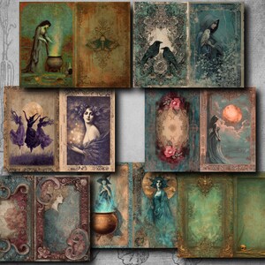 May include: A collection of vintage-style art prints featuring mystical and gothic themes. The prints showcase illustrations of witches, ravens, moons, and floral designs in a muted color palette of teal, brown, and purple. The artwork has a distressed, aged appearance.