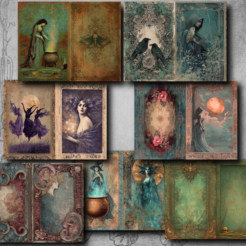 May include: A collection of vintage-style art prints featuring mystical and gothic themes. The prints showcase illustrations of witches, ravens, moons, and floral designs in a muted color palette of teal, brown, and purple. The artwork has a distressed, aged appearance.