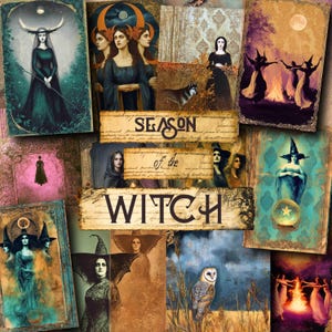 Puede incluir: Un collage de ilustraciones de estilo vintage con temática mística. Las imágenes presentan brujas, búhos y mujeres con vestidos fluidos, con el texto "Season of the Witch". La paleta de colores incluye verdes, azules y marrones.