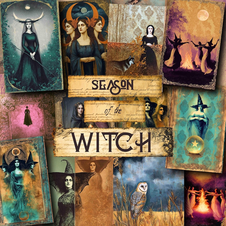 May include: A collage of vintage-style illustrations with a mystical theme. The images feature witches, owls, and women in flowing gowns, with text that reads "Season of the Witch." The color palette includes greens, blues, and browns.