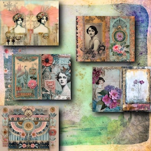 May include: A collage of vintage-style art prints featuring portraits of women, floral arrangements, and decorative elements. The color palette includes soft pinks, blues, and creams, with a distressed, aged appearance. The artwork evokes a sense of nostalgia and artistic expression.