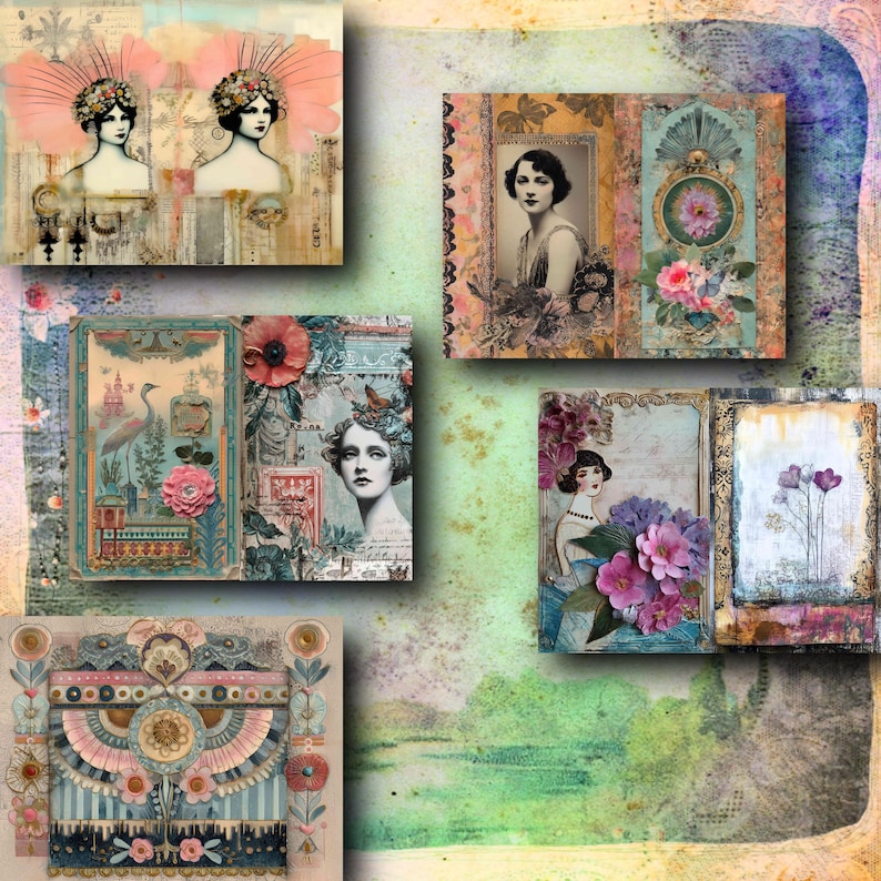 May include: A collage of vintage-style art prints featuring portraits of women, floral arrangements, and decorative elements. The color palette includes soft pinks, blues, and creams, with a distressed, aged appearance. The artwork evokes a sense of nostalgia and artistic expression.