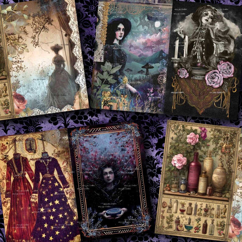May include: A collage of vintage-style art prints featuring gothic and Victorian themes. The prints showcase illustrations of women, dresses, and botanical elements, with a color palette of deep purples, reds, and creams. Some prints include text.