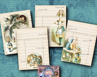 Alice in Wonderland Printable Cards, Alice Library Cards, Junk Journal Embellishments, Alice Journal Cards, ATC, Lined Journal Cards