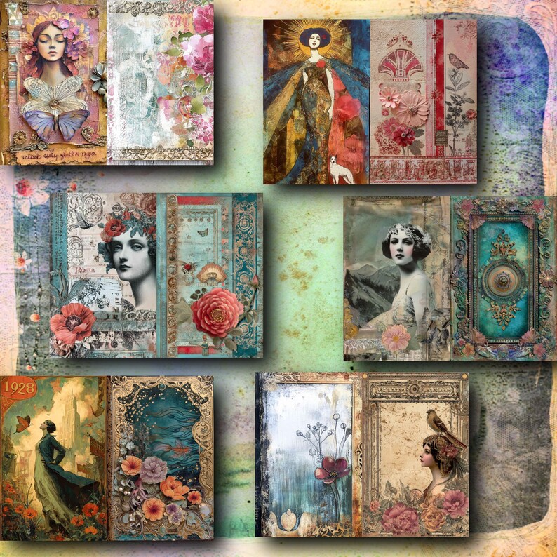 May include: A collection of vintage-style art prints featuring women, flowers, and ornate frames. The prints showcase a variety of colors, including pink, blue, and gold, with a focus on floral and portrait themes. The artwork has a collage aesthetic.