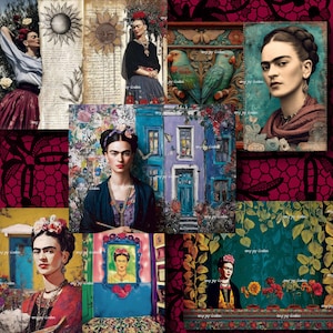 May include: A collage of images featuring portraits and artwork inspired by Frida Kahlo. The images include paintings of Frida, floral arrangements, and decorative elements. The color palette includes vibrant blues, reds, and greens.