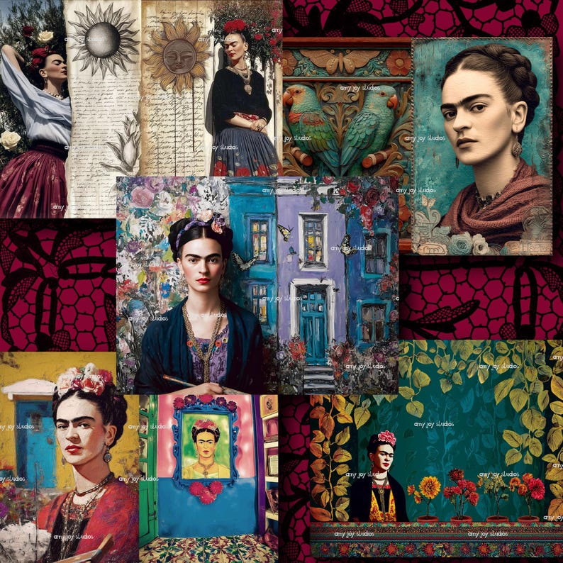 May include: A collage of images featuring portraits and artwork inspired by Frida Kahlo. The images include paintings of Frida, floral arrangements, and decorative elements. The color palette includes vibrant blues, reds, and greens.