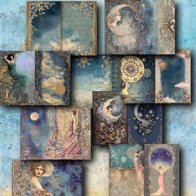K&ouml;nnte beinhalten: Eine Sammlung digitaler Kunstdrucke mit himmlischen und &auml;therischen Themen. Die Kunstwerke umfassen Bilder von Mond, Sonne, Frauen und floralen Elementen, mit einer Farbpalette aus Blau-, Gold- und Rosat&ouml;nen. Die Drucke haben eine Vintage- und Antik-&Auml;sthetik.