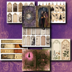 May include: A collage of vintage-style ephemera, including tags, journal pages, and decorative elements. The color palette features sepia tones, purple, and touches of green. Imagery includes witches, skulls, bats, and botanical illustrations, evoking a gothic or Halloween theme.