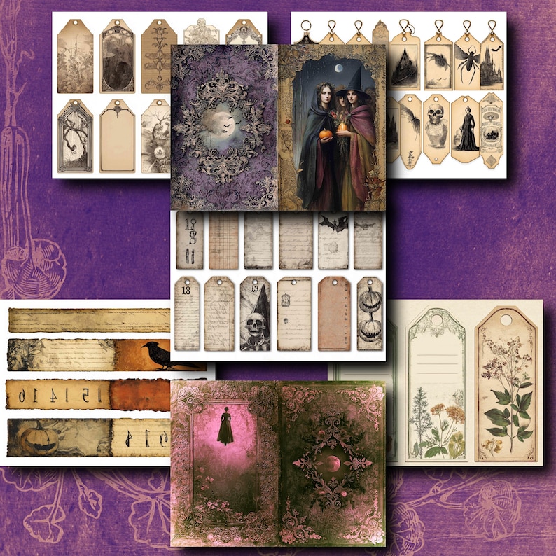 May include: A collage of vintage-style ephemera, including tags, journal pages, and decorative elements. The color palette features sepia tones, purple, and touches of green. Imagery includes witches, skulls, bats, and botanical illustrations, evoking a gothic or Halloween theme.
