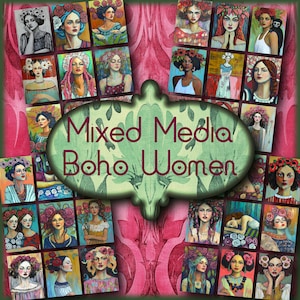 Mulheres Boho de Técnica Mista, cartões de arte, cartões de diário para impressão, diário de lixo, arte de técnica mista, kit de diário de lixo, suprimentos de colagem, etiquetas de presente