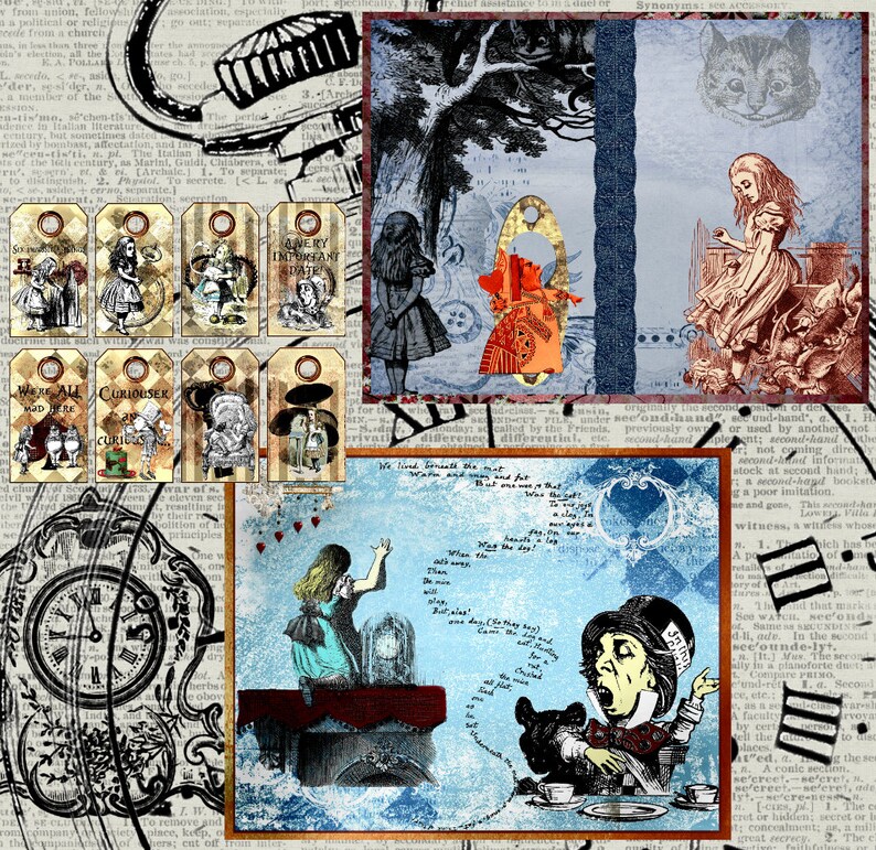 Alice in Wonderland Journal Collage Art Digital Journal Pages Printable Journal Pages Clipart Smashbook Junk Journal Mini Album image 4