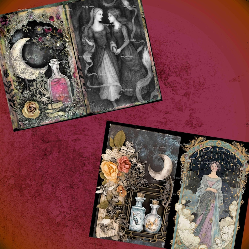 May include: Art journal pages with a celestial and botanical theme. The pages feature illustrations of women, moons, flowers, and potion bottles. The colour palette includes shades of pink, blue, and gold.