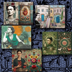 May include: A collection of Frida Kahlo art prints. The prints feature portraits and scenes with vibrant colors, floral elements, and symbolic imagery. The artwork includes portraits with jewelry and floral headpieces, and scenes with hearts and flowers.