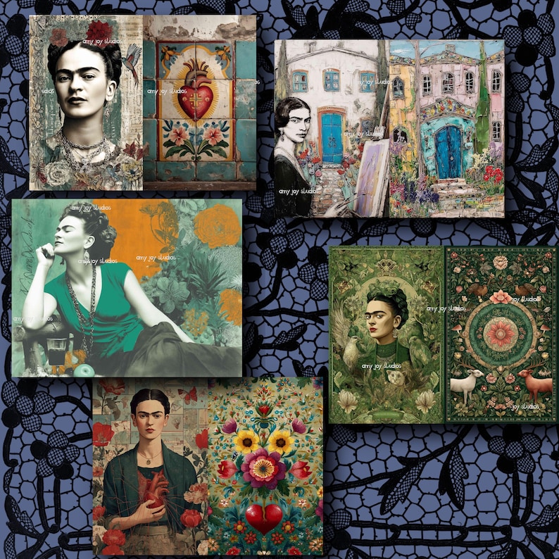 May include: A collection of Frida Kahlo art prints. The prints feature portraits and scenes with vibrant colors, floral elements, and symbolic imagery. The artwork includes portraits with jewelry and floral headpieces, and scenes with hearts and flowers.