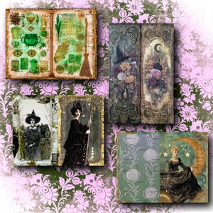 May include: A collection of vintage-style art prints with a witchy theme. The prints feature illustrations of witches, potion-making tools, and floral arrangements. The color palette includes greens, browns, and purples, set against a pink floral background.