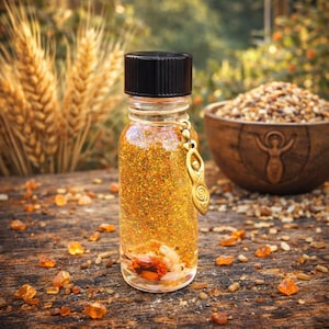 May include: A small, clear glass bottle filled with shimmering gold liquid and a black cap. A gold charm hangs from the bottle. The bottle sits on a wooden surface with scattered amber-colored crystals. In the background are wheat stalks and a wooden bowl.