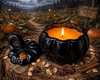 MYSTIC PUMPKIN Jar Candle: Samhain Altar Decor, Black Glass, Autumn Spice Scent