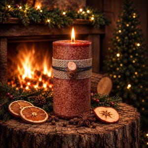 May include: A textured dark red pillar candle with a lit wick, wrapped in a beige burlap ribbon secured by a thin black cord and a small wooden bead. The candle sits on a tree stump with dried orange slices, star anise, and pine branches.