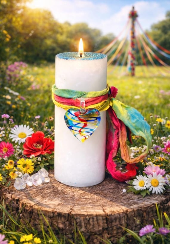 BELTANE RIBBON Spell Candle. Enjoying Life, Love, & Youthful Energy. Engaging in the Dance of Life. May Day Celebrations