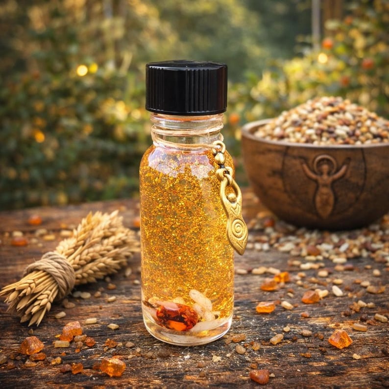 May include: A clear glass bottle with a black cap, filled with a shimmering golden liquid. A gold-colored charm hangs from the bottle. A bundle of wheat and a wooden bowl filled with grains are also visible.