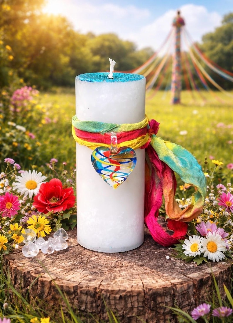 BELTANE RIBBON Spell Candle. Enjoying Life, Love, & Youthful Energy. Engaging in the Dance of Life. May Day Celebrations image 2