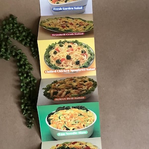 Lass uns einen Salat essen ~ Creamette Nudelsalat Rezept Karten ~ 1970er Jahre Vintage Lebensmittel Werbung