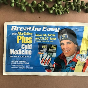 1988 Vintage Breathe Easy Alka-Seltzer Plus Sample Pack Featuring Felix McGrath US Ski Team -S2