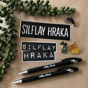 SILFLAY HRAKA Watership Down Gift Pack ~ 3 Enamel Pins, 2 Pens, 2 Stickers ~ Black Rabbit of Inle / Fiver / Hazel-rah ~ Literary Gifts