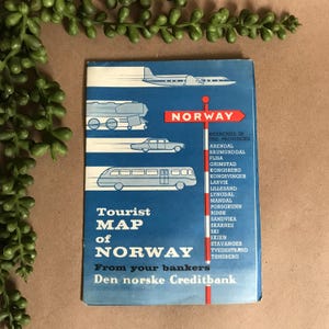 Touristische Karte von Norwegen ~ 1970er Jahre Vintage Europakarte ~ Straßenkarte ~ Komplimente von Den Norske Creditbank