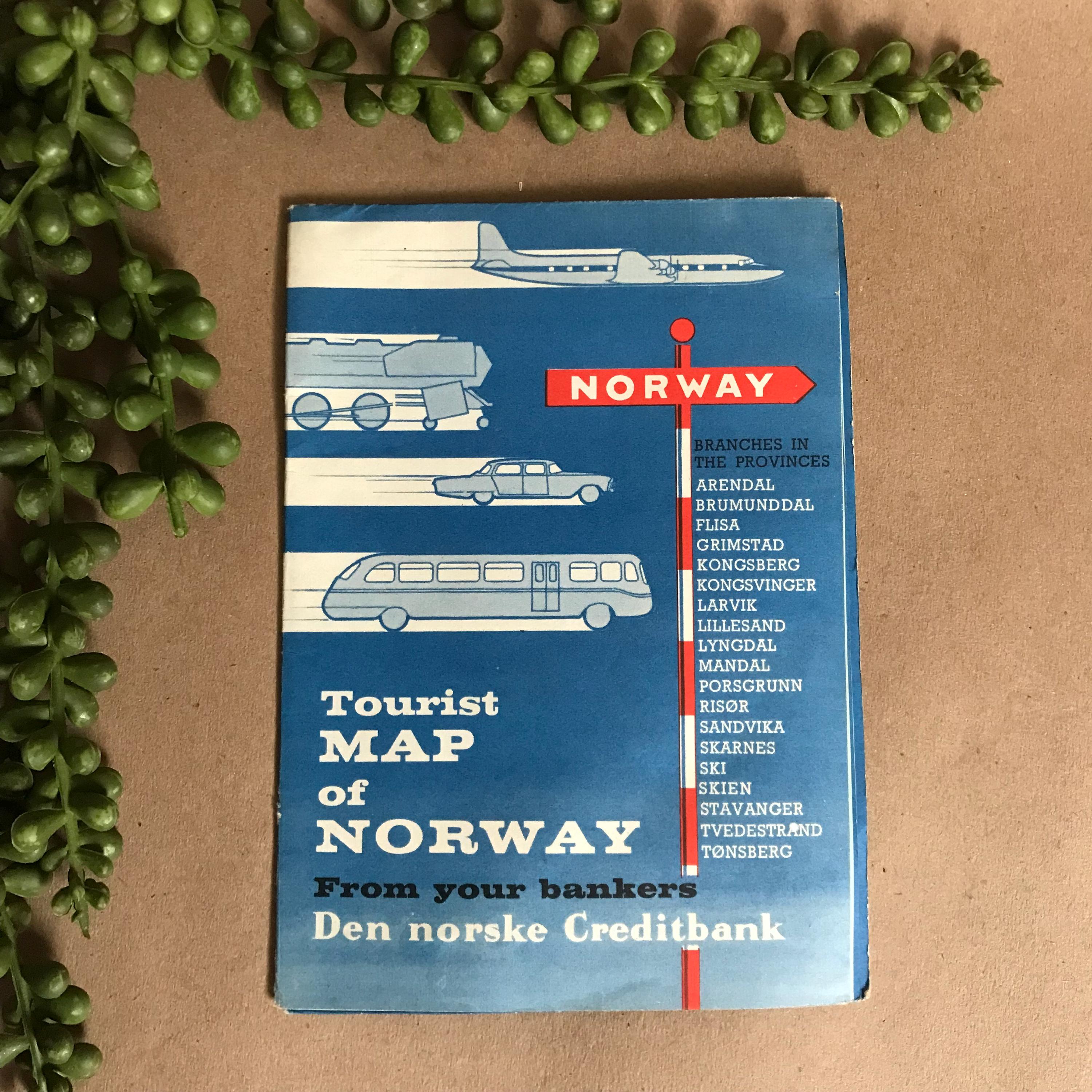Tourist Map of Norway ~ 1970s Vintage Travel Europe Folding Road Map ~ Compliments of Den norske Creditbank