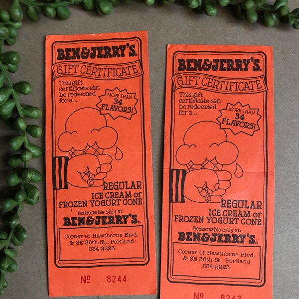 Certificats-cadeaux Ben & Jerry’s Ice Cream Paper ~ Portland, Oregon ~ Coupon de crème glacée vintage