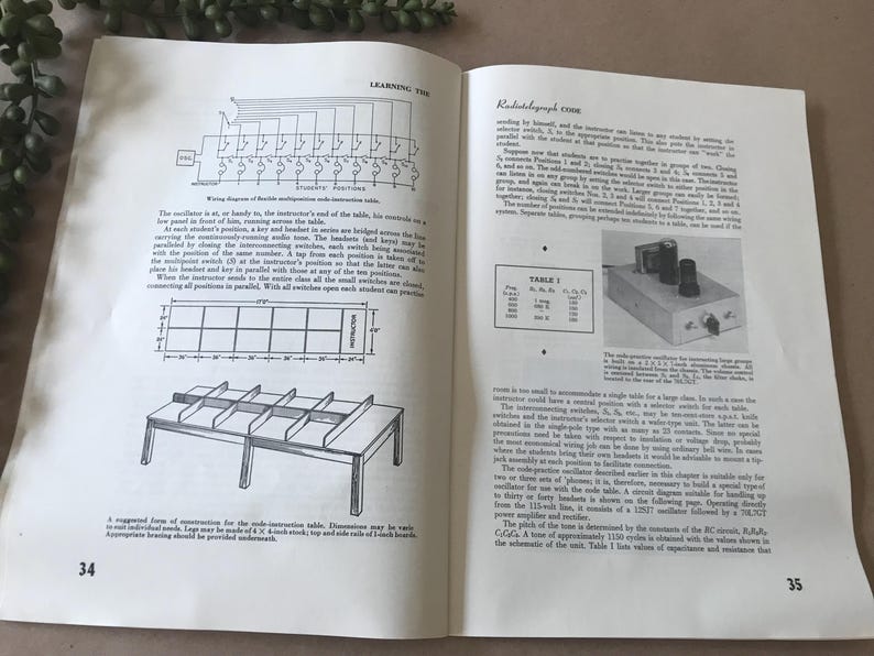 May include: Open book pages with diagrams and text about radio telegraph code and a code-instruction table. The pages are from a vintage book, with a light beige color and a few illustrations.