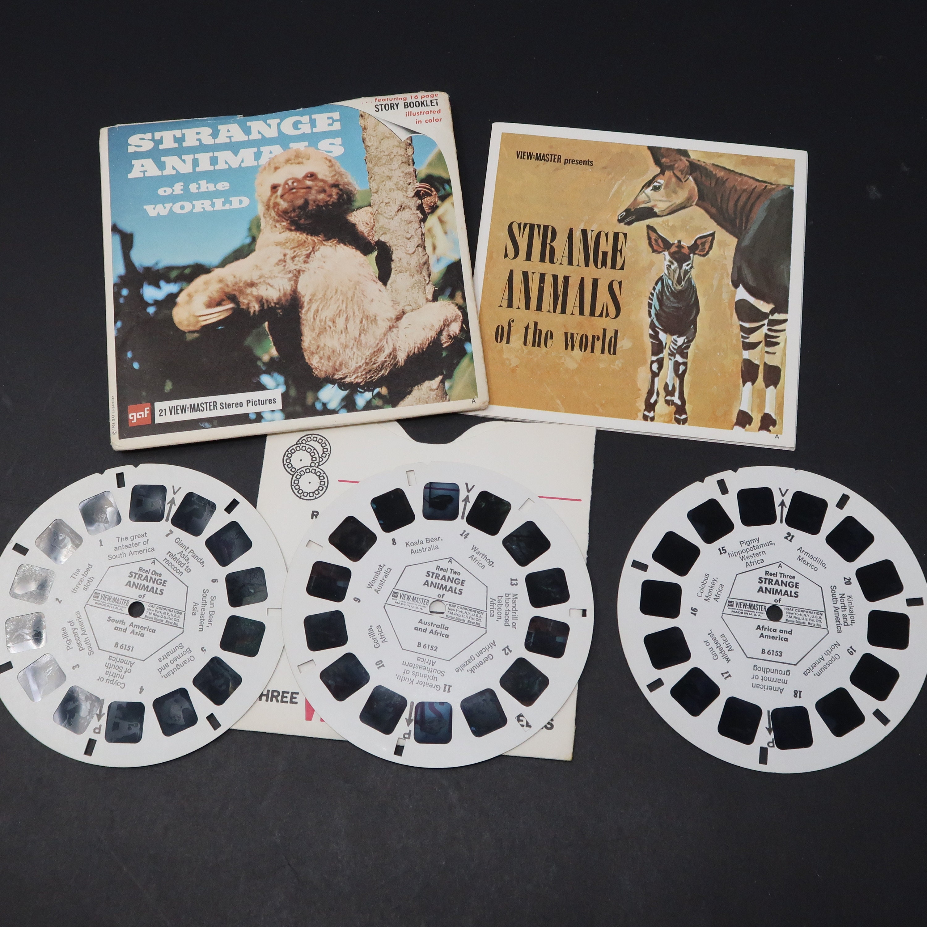 Vintage 1958 View-Master STRANGE ANIMALS OF THE WORLD B615 All 3 Reels &  Booklet