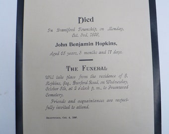 1898 Antique Death Notice Funeral Invite Hopkins Brantford Ontario P4