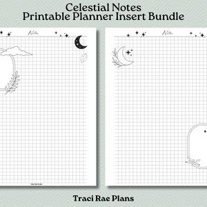 Może przedstawiać: Dwie strony planera do wydrukowania z motywem kosmicznym. Każda strona ma wzór siatki i zawiera księżyc, gwiazdy oraz ozdobną ramkę. Tekst "Nite" znajduje się u góry każdej strony.