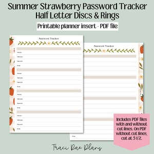 Könnte beinhalten: Zwei druckbare Passwort-Tracker mit Erdbeer-Motiv. Die Seiten haben einen floralen Rand und Platz für Website, Benutzername, Passwort und Notizen. Der Text lautet "Summer Strawberry Password Tracker" und "Printable planner insert - PDF file".