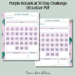 Planejador imprimível em formato carta dos EUA/PDF digital - Desafio de 30 dias da Purple Botanical