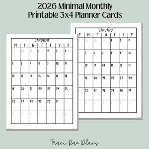 May include: Two printable monthly planner cards for January 2026. Each card is a 3x4 grid with the days of the week labelled at the top. The cards are designed in a minimalist style with black text on a white background.